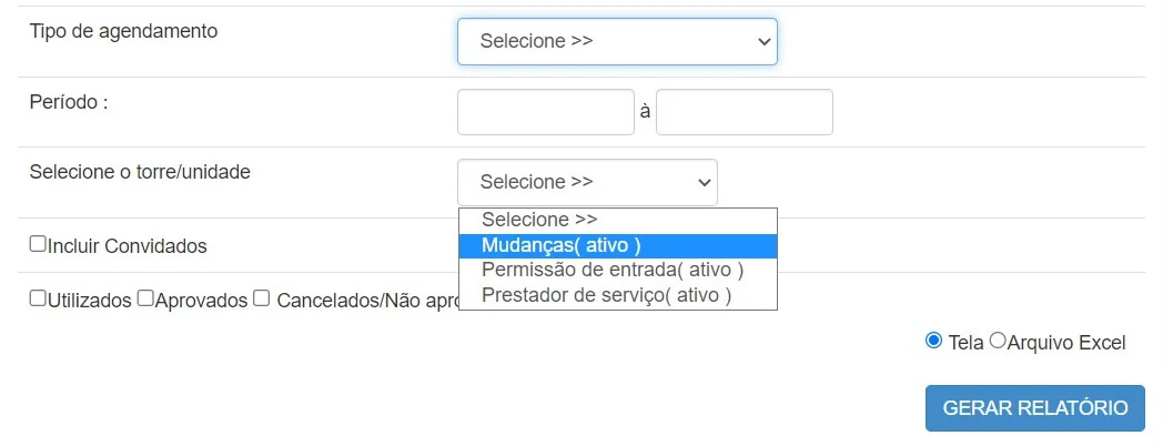 Sistema ConectCon® - filtros do relatório Outros Agendamentos.